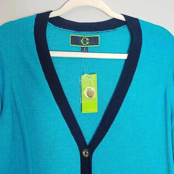 C. Wonder Button Down Cardigan Long Sleeve Teal Navy Blue Wool Alpaca NWT - Picture 3 of 10